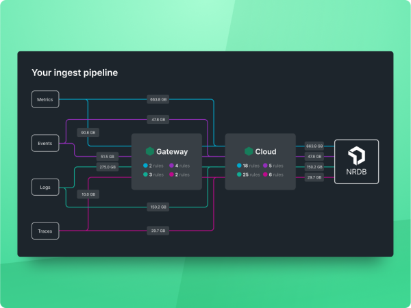 A window containing an entity relationship flowchart labeled "Your ingest pipeline." The beginning of the flowchart depicts four sources called "Metrics", "Events", "Logs", and "Traces". These sources feed data into the next stage called "Gateway". The "Gateway" step then feeds into the "Cloud" stage. Finally, the data is then fed into the final destination labeled "NRDB."