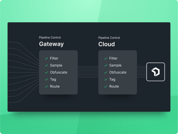 A flowchart with three stages. The first stage is labeled "Pipeline Control Gateway" and contains a checklist of multiple items including "Filter", "Sample", "Obfuscate", "Tag", and "Route." The next stage is labeled "Pipeline Control Cloud" and contains a checklist of multiple items including "Filter", "Sample", "Obfuscate", "Tag", and "Route." The final destination is depicted with a New Relic logo symbolizing the NRDB.